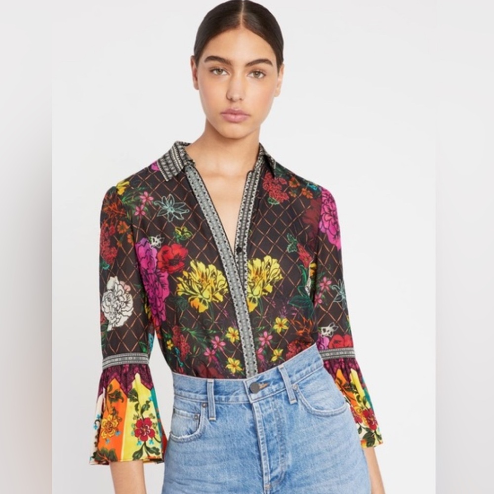 Silk Alice + Olivia Red and Green Floral Top